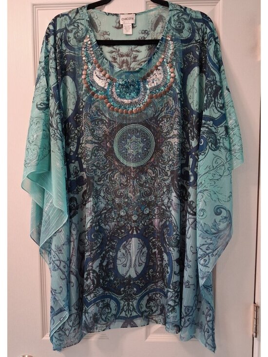 Chico's Tops - Chicos Size 2 US-L (12) Womens Batwing Embellished Sheer Poncho-Style Cover Up